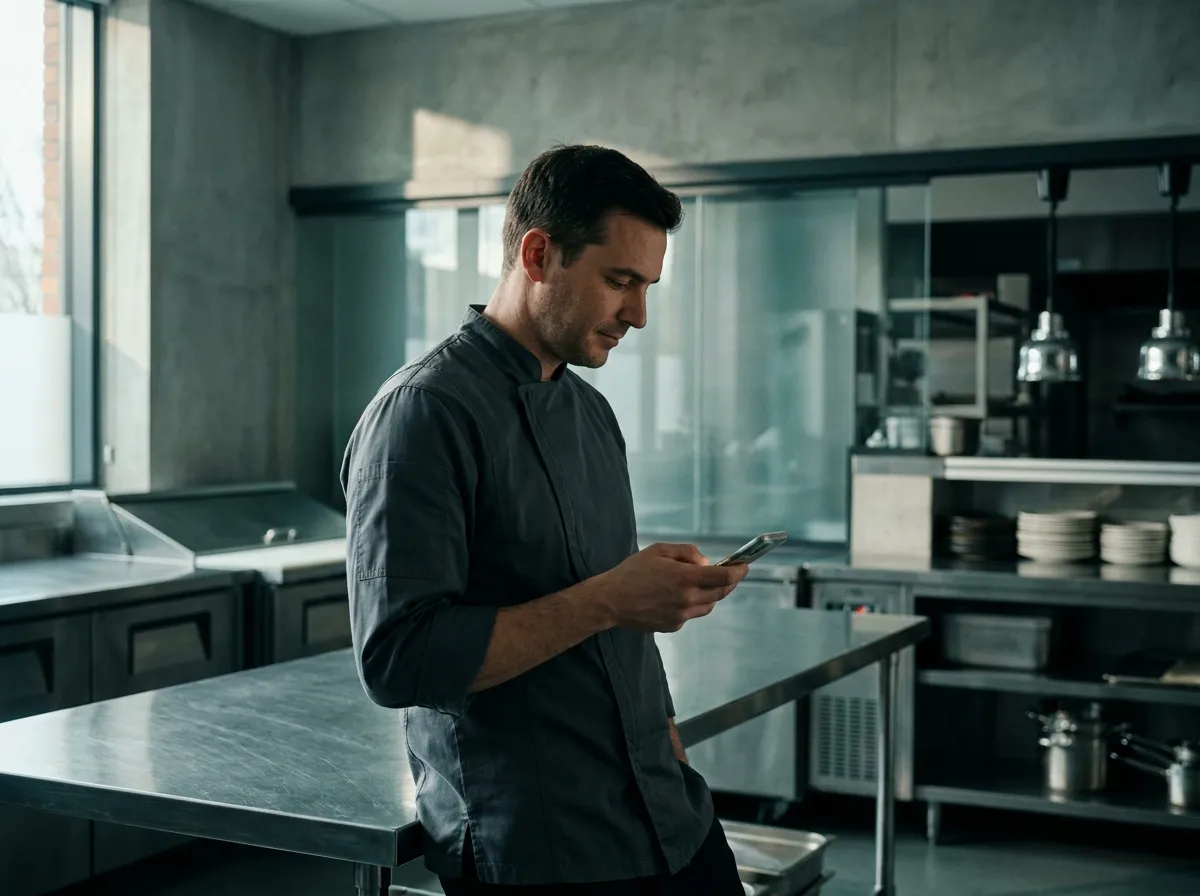 Un chef consulte son téléphone dans une cuisine professionnelle.